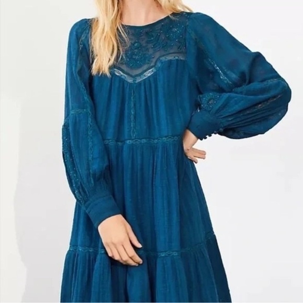 Free People Dress Womens S Teal Blue Embroidered Beaded Boho Tiered Mini Dress